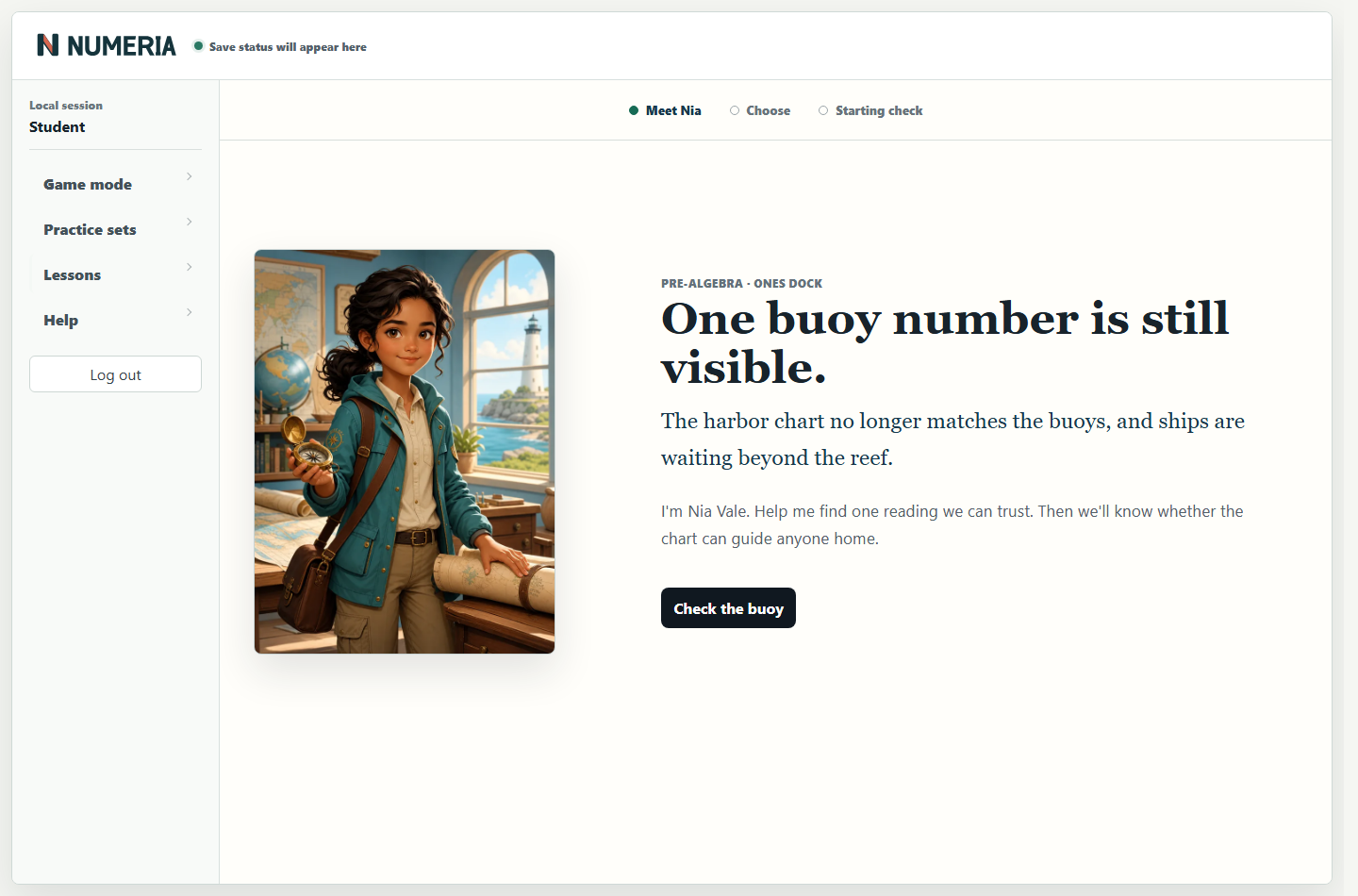 Numeria Pre-Algebra opening in which Nia Vale asks the learner to check a buoy reading